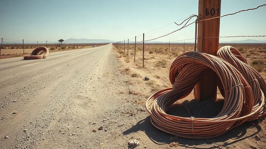 Editorial illustration of medium wide shot looks across a gravel farm road outside de aar in the northern cape