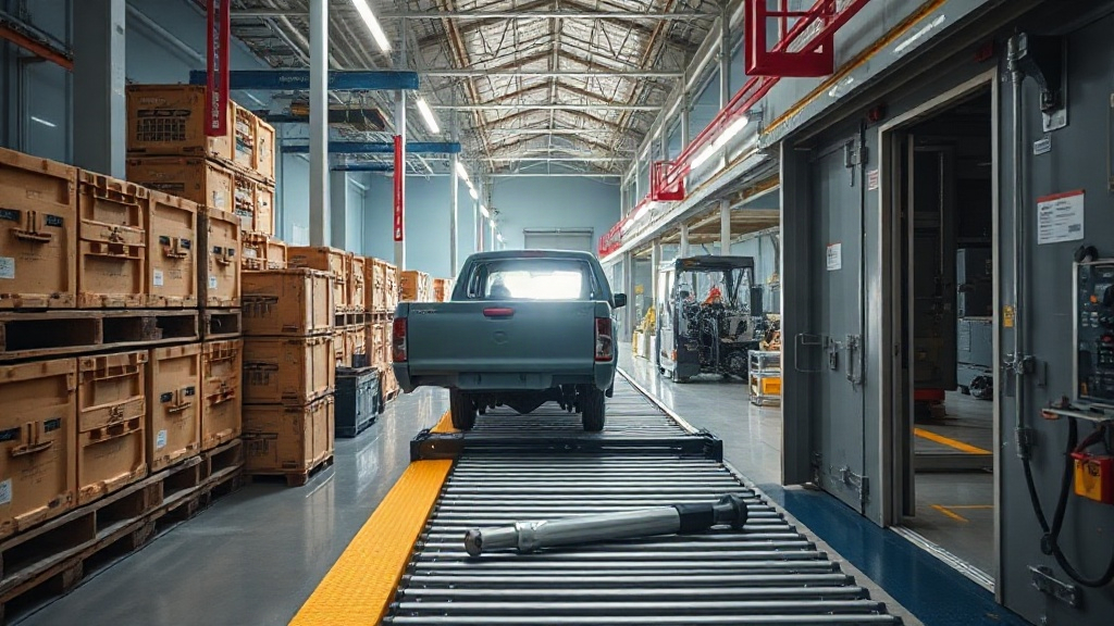 Editorial illustration of medium wide shot looks along a south african vehicle assembly hall at cold early morning light