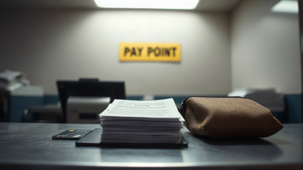 Editorial illustration of medium close shot looks at a plain steel municipal counter in an unmarked South African pay point at mid morning