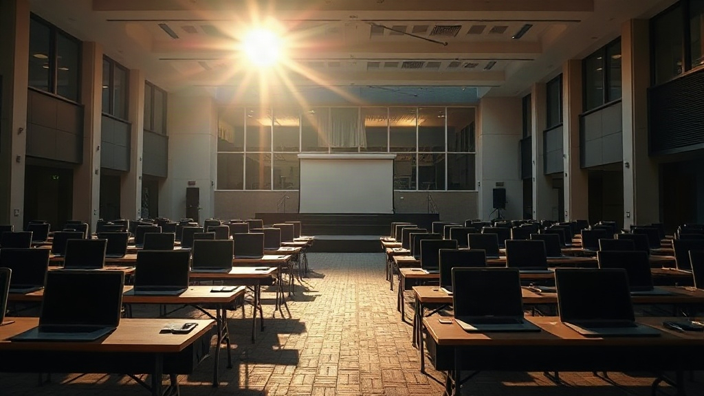 Editorial illustration of wide shot looks across the sunlit forecourt of an unmarked nairobi conference centre in kenya at mid morning