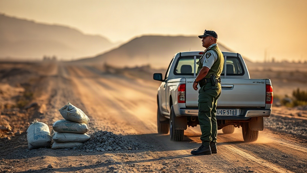 Editorial illustration of medium shot looks along a dusty gravel road at a mine gate in the free state