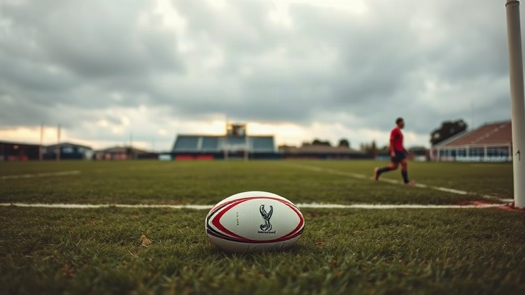 Editorial illustration of wide eye-level shot across an empty rugby training field in South Africa at overcast morning light
