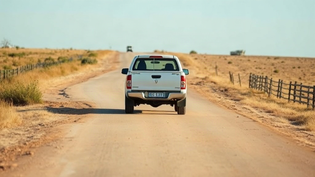 Editorial illustration of medium eye-level shot across a dusty farm road near mqanduli in the eastern cape