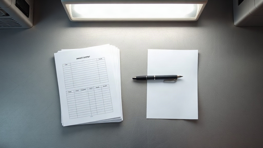 Editorial illustration of close overhead shot looks down on a plain steel desk in a South African police station charge office