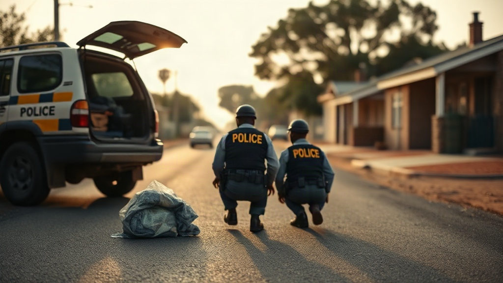 Editorial illustration of medium eye-level shot across a South African township street at flat morning light