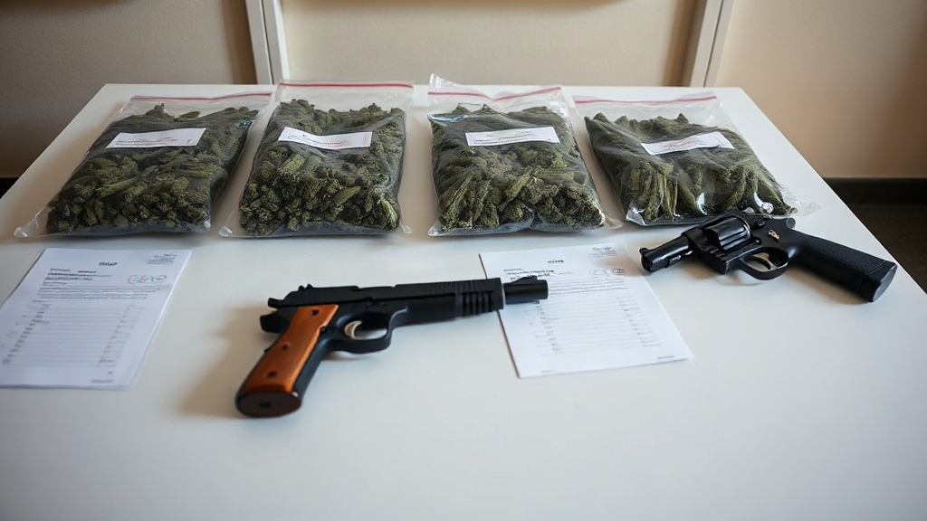 Editorial illustration of medium eye-level shot across a plain South African police exhibit table at flat morning light