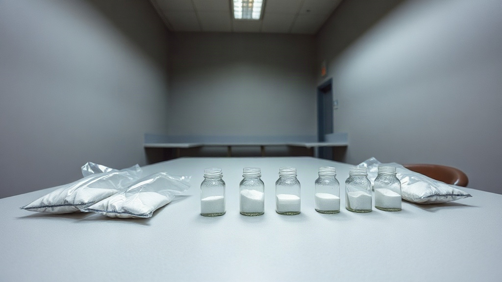 Editorial illustration of close eye-level shot of an unmarked police evidence table in a plain South African police storeroom