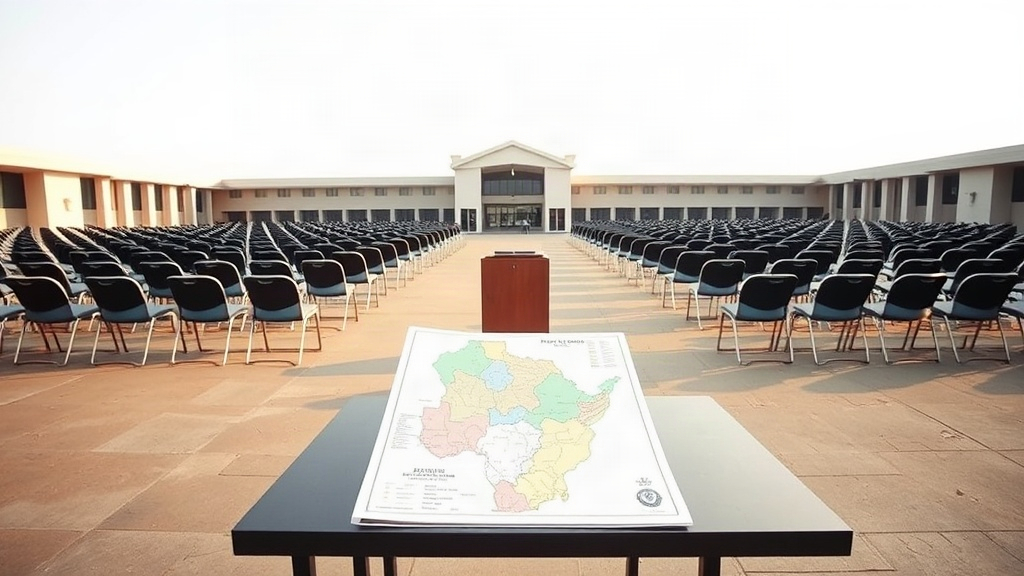 Editorial illustration of wide eye-level shot across a plain south african police academy parade ground in tshwane