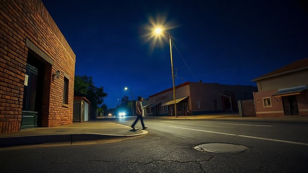 Editorial illustration of wide eye-level night shot of a township street corner in kwadwesi
