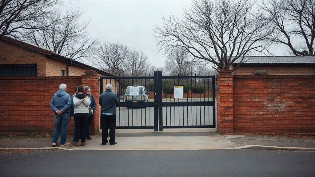 Editorial illustration of wide eye-level shot of a plain school gate in a South African township at mid-morning