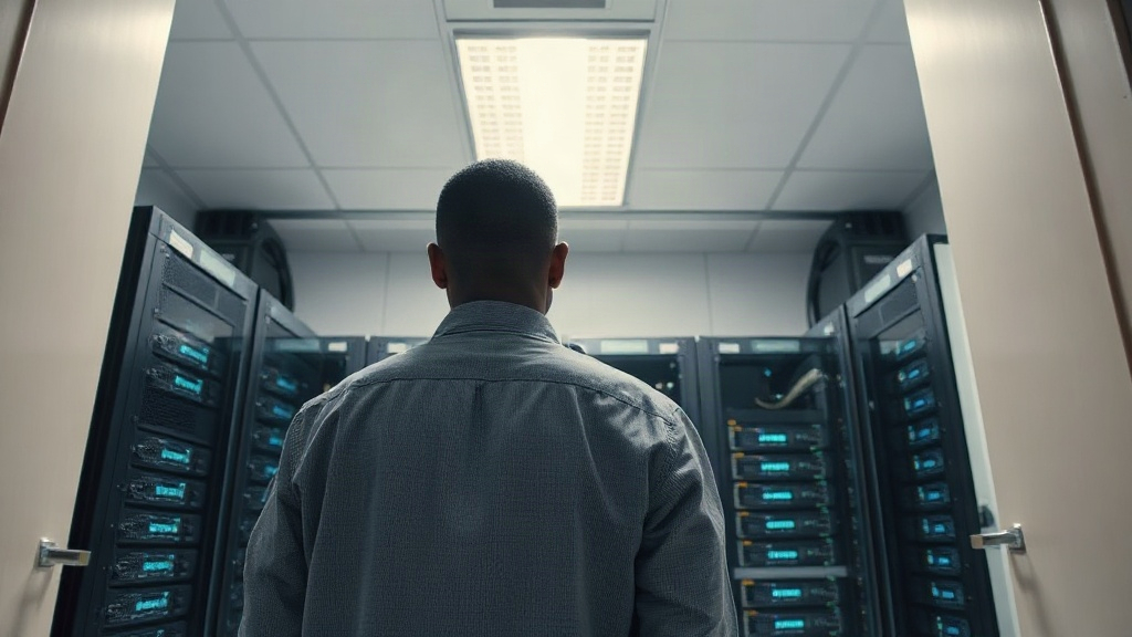 Editorial illustration of wide eye-level shot inside a plain south african server room in johannesburg