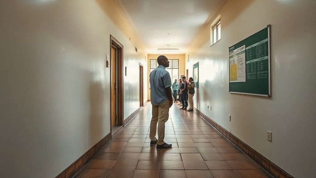 Editorial illustration of wide eye-level shot of a plain school corridor in soweto