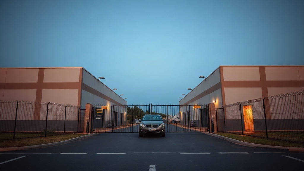 Editorial illustration of medium wide eye-level shot of a plain industrial park at dusk in South Africa