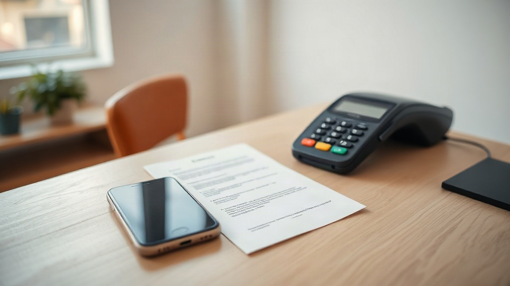 Editorial illustration of medium close eye-level shot of a small South African fintech office desk in a plain open-plan workspace