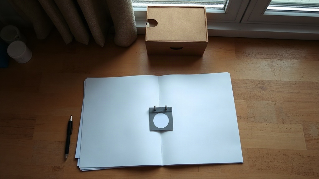 Editorial illustration of close overhead shot of a plain unmarked legal file lying open on a bare South African attorney's desk