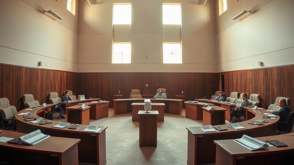 Editorial illustration of medium wide eye-level shot inside a plain South African municipal council chamber in a township