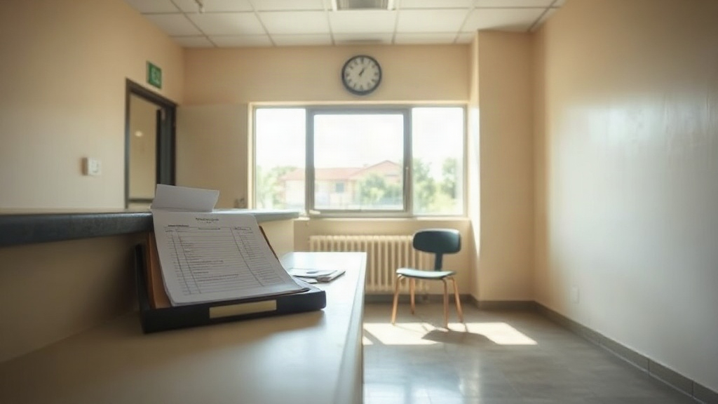 Editorial illustration of medium eye-level shot inside a plain South African school secretary's office at midday