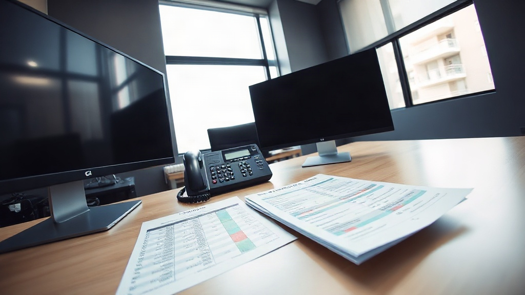 Editorial illustration of wide eye-level shot of a South African fund manager's trading desk in a johannesburg
