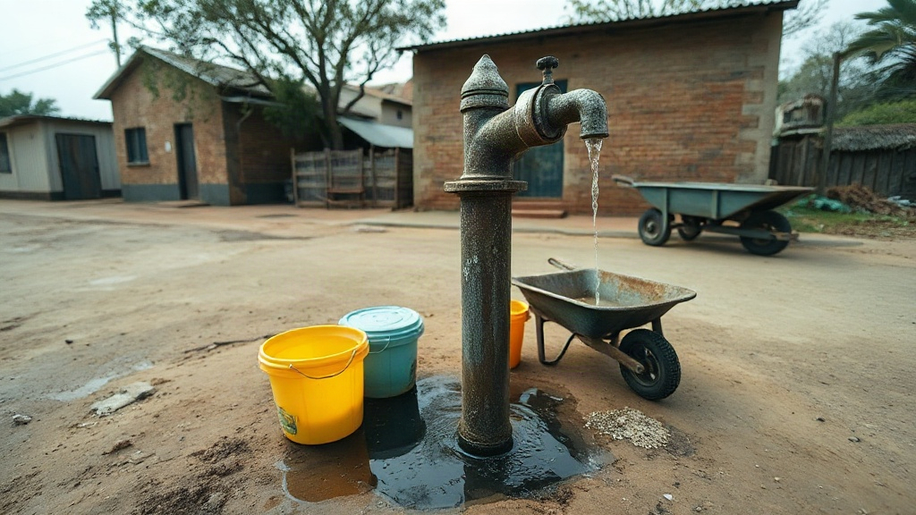 Editorial illustration of wide eye-level shot of a cracked municipal standpipe on a dusty township street corner in ekangala